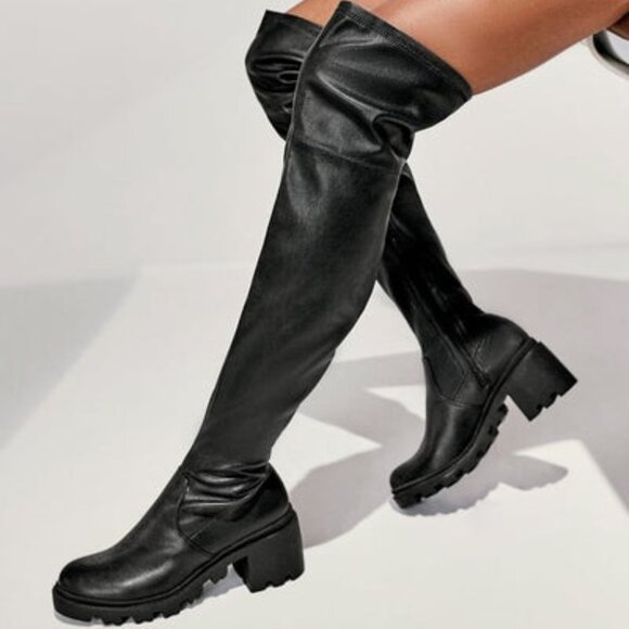 JUSTFAB OTK STRETCH LUG SOLE BOOT FAUX LEATHER BLOCK HEEL INNER ZIP TRUE TO SIZE - Picture 1 of 9